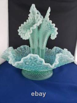 FENTON SEA BLUE HOBNAIL OPALESCENT ART GLASS FLOWER EPERGNE URN 12w 11h VTG