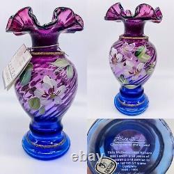 Fenton 1996 Mulberry Glass Vase Hand Painted Signed Opalescent 50th EUC Tags