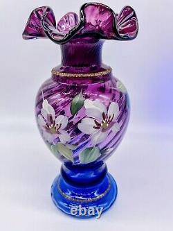 Fenton 1996 Mulberry Glass Vase Hand Painted Signed Opalescent 50th EUC Tags