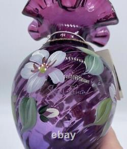 Fenton 1996 Mulberry Glass Vase Hand Painted Signed Opalescent 50th EUC Tags