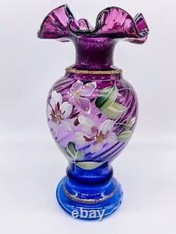 Fenton 1996 Mulberry Glass Vase Hand Painted Signed Opalescent 50th EUC Tags