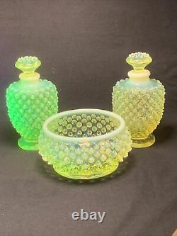 Fenton 3 Pc Opalescent Yellow Topaz Vaseline Glass Perfume Bottle Pair & Powder