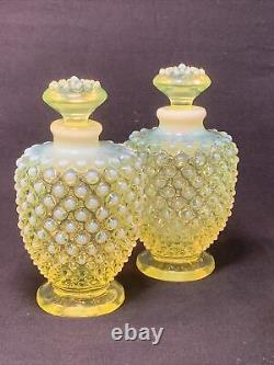 Fenton 3 Pc Opalescent Yellow Topaz Vaseline Glass Perfume Bottle Pair & Powder