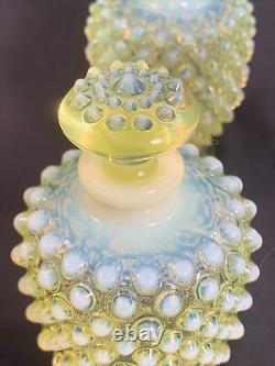 Fenton 3 Pc Opalescent Yellow Topaz Vaseline Glass Perfume Bottle Pair & Powder