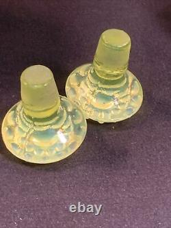 Fenton 3 Pc Opalescent Yellow Topaz Vaseline Glass Perfume Bottle Pair & Powder