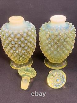 Fenton 3 Pc Opalescent Yellow Topaz Vaseline Glass Perfume Bottle Pair & Powder