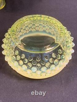 Fenton 3 Pc Opalescent Yellow Topaz Vaseline Glass Perfume Bottle Pair & Powder