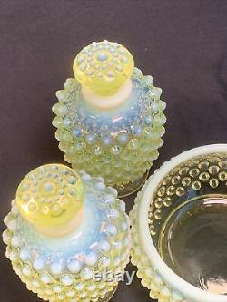 Fenton 3 Pc Opalescent Yellow Topaz Vaseline Glass Perfume Bottle Pair & Powder