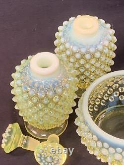 Fenton 3 Pc Opalescent Yellow Topaz Vaseline Glass Perfume Bottle Pair & Powder