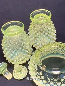 Fenton 3 Pc Opalescent Yellow Topaz Vaseline Glass Perfume Bottle Pair & Powder