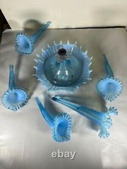 Fenton 4 Horn Epergne Blue Opalescent made for L G Wright antique 1930's