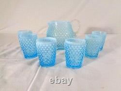 Fenton 7 Pc. Juice Set in Blue Opalescent Hobnail circa 1941/55