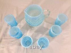 Fenton 7 Pc. Juice Set in Blue Opalescent Hobnail circa 1941/55