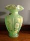 Fenton 95th Art Glass Hand Painted Flowers On Willow Green Opalescent Vase 6.5