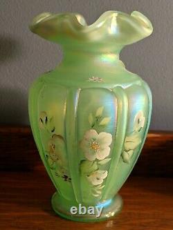 Fenton 95th art Glass Hand Painted Flowers On Willow Green Opalescent Vase 6.5