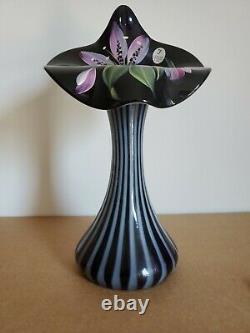 Fenton A. Slack Signed Black Opalescent Hand Painted Flower Art Glass Tulip Vase