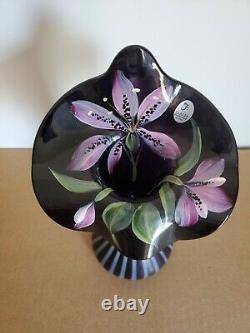 Fenton A. Slack Signed Black Opalescent Hand Painted Flower Art Glass Tulip Vase