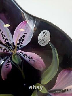 Fenton A. Slack Signed Black Opalescent Hand Painted Flower Art Glass Tulip Vase