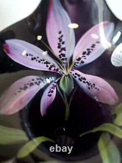 Fenton A. Slack Signed Black Opalescent Hand Painted Flower Art Glass Tulip Vase