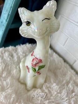 Fenton Alley Cat- Opalescent With Hand Painted Flowers