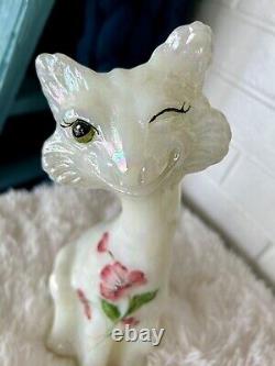 Fenton Alley Cat- Opalescent With Hand Painted Flowers