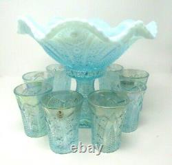 Fenton Aqua Blue Opalescent Iridized Punchbowl with Stand 8 Tumblers 4270 SN