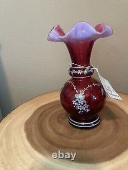 Fenton Art Glass 1997 Cranberry Opalescent Diamond Optic Vase Lmt Edition