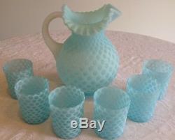 Fenton Art Glass Blue Opalescent Baby Coin Dot Pitcher & 6 Tumblers A3
