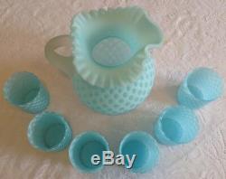 Fenton Art Glass Blue Opalescent Baby Coin Dot Pitcher & 6 Tumblers A3