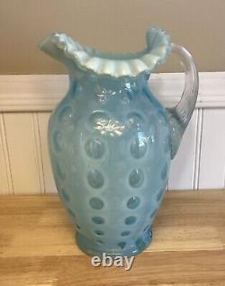 Fenton Art Glass Blue Opalescent Coin Dot Ice Lip Ruffle Pitcher Jug 9.5H