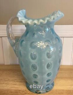 Fenton Art Glass Blue Opalescent Coin Dot Ice Lip Ruffle Pitcher Jug 9.5H