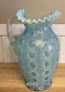 Fenton Art Glass Blue Opalescent Coin Dot Ice Lip Ruffle Pitcher Jug 9.5H