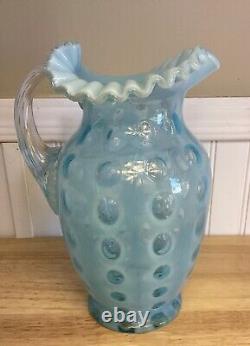 Fenton Art Glass Blue Opalescent Coin Dot Ice Lip Ruffle Pitcher Jug 9.5H