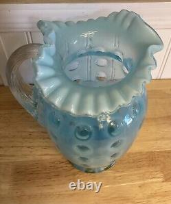 Fenton Art Glass Blue Opalescent Coin Dot Ice Lip Ruffle Pitcher Jug 9.5H