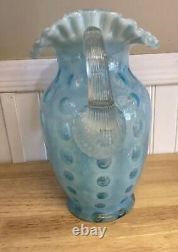 Fenton Art Glass Blue Opalescent Coin Dot Ice Lip Ruffle Pitcher Jug 9.5H