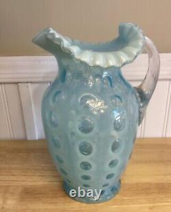 Fenton Art Glass Blue Opalescent Coin Dot Ice Lip Ruffle Pitcher Jug 9.5H