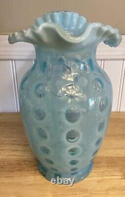 Fenton Art Glass Blue Opalescent Coin Dot Ice Lip Ruffle Pitcher Jug 9.5H