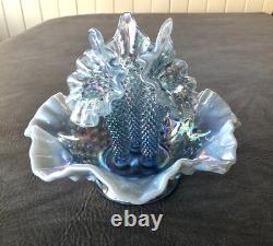 Fenton Art Glass Blue Opalescent Iridized Hobnail Mini 3 Horn Epergne Vase