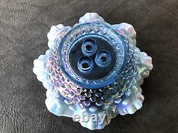 Fenton Art Glass Blue Opalescent Iridized Hobnail Mini 3 Horn Epergne Vase