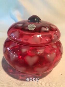 Fenton Art Glass Cranberry Opalescent 1998 Heart Optic Covered Jar