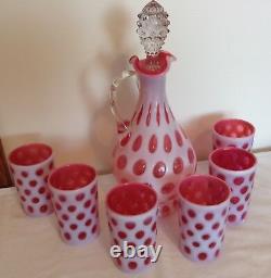 Fenton Art Glass Cranberry Opalescent Coin Dot Decanter & 6 Tumblers850.00