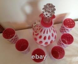 Fenton Art Glass Cranberry Opalescent Coin Dot Decanter & 6 Tumblers850.00