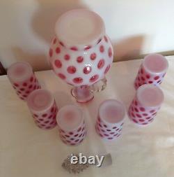 Fenton Art Glass Cranberry Opalescent Coin Dot Decanter & 6 Tumblers850.00