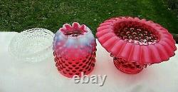 Fenton Art Glass Cranberry Opalescent Hobnail Lamp 3/pc Fairy Lamp