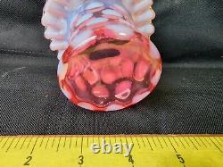 Fenton Art Glass Cranberry Opalescent Ruffled Coin Dot Top Hat Vase Flawless