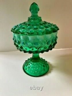 Fenton Art Glass Green Opalescent Hobnail Covered Pedestal Candy Dish