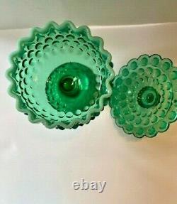 Fenton Art Glass Green Opalescent Hobnail Covered Pedestal Candy Dish