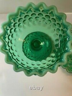 Fenton Art Glass Green Opalescent Hobnail Covered Pedestal Candy Dish