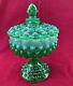 Fenton Art Glass Green Opalescent Hobnail Covered Pedestal Candy Dish 8.5