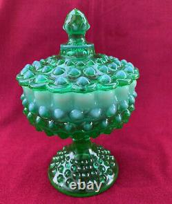 Fenton Art Glass Green Opalescent Hobnail Covered Pedestal Candy Dish 8.5